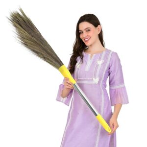 Broom | New Square Lock for 3X Longer Life | Long Steel Handle | XL Size | Soft- No Dust- Natural Grass- Phool Jhadu for Home and Office Cleaning